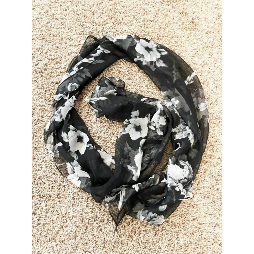 Black Sheer Floral Chiffon Scarf Wrap Shawl Romantic Goth Whimsigoth